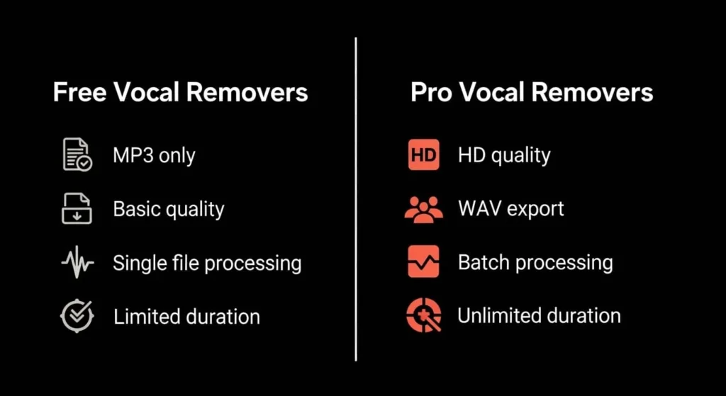 Free vs paid vocal remover comparison infographic showing audio quality difference between free online tools and professional AI vocal removal software