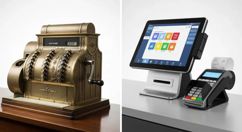 POS system vs cash register comparison showing modern point of sale terminal versus traditional cash register for small business