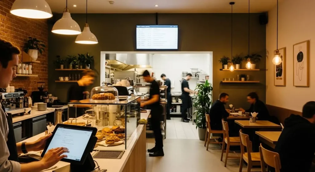 Restaurant POS system in use at a café counter with tablet-based point of sale software and kitchen display screen